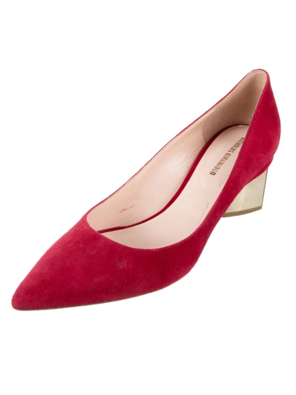 Nicholas Kirkwood Suede Red Pumps Shoes Gold Heel 37 US 6.5